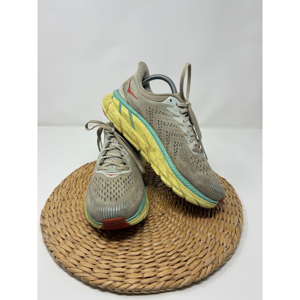 Hoka One One Clifton 7 Womens Road Running Shoes Tan Yellow Teal‎ 1110509 Size 9